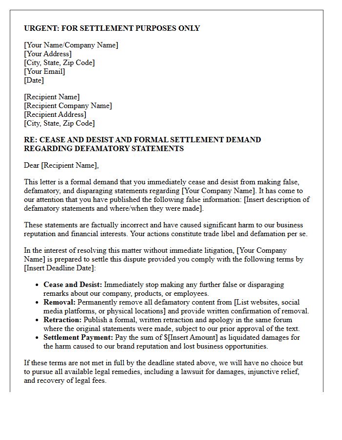 Competitor Defamation Cease and Desist Settlement Letter