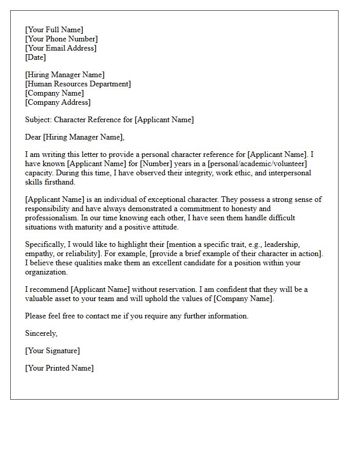 Human Resources Management Personal Character Reference Letter