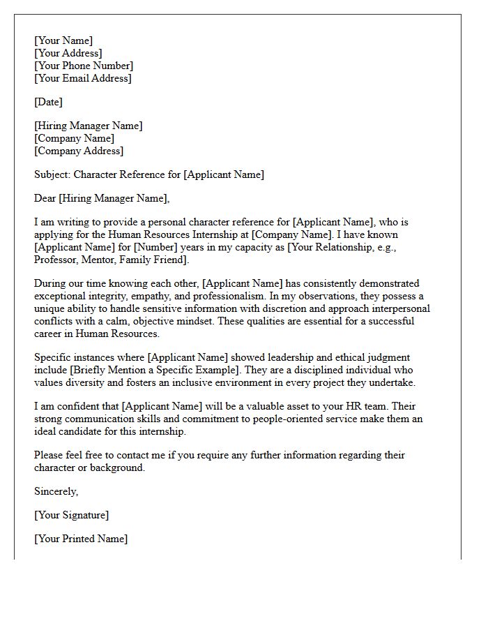 Human Resources Internship Personal Character Reference Letter
