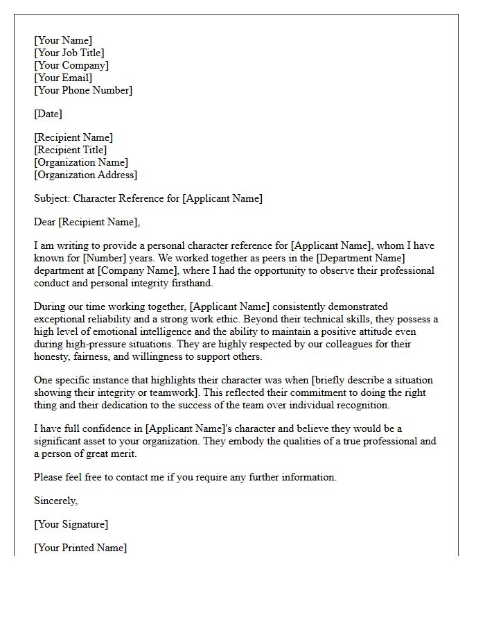 Professional Peer Personal Character Reference Letter