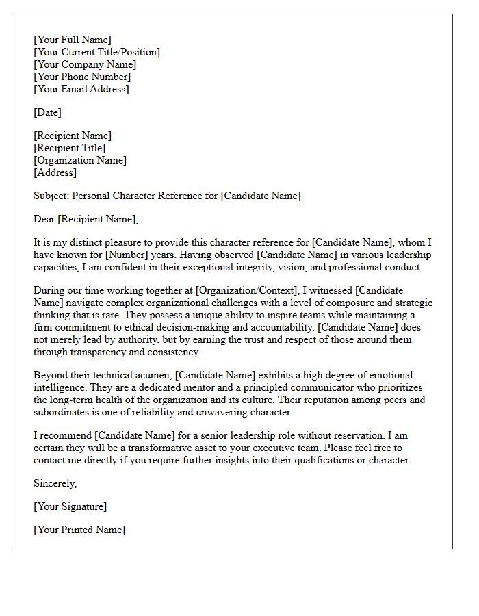 Executive Leadership Personal Character Reference Letter