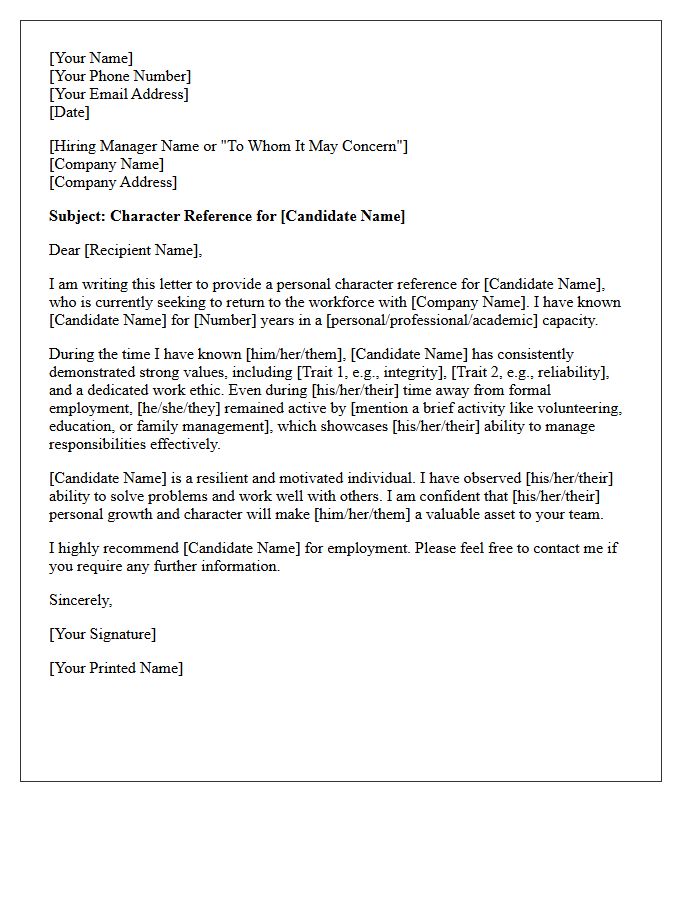 Return To Work Personal Character Reference Letter