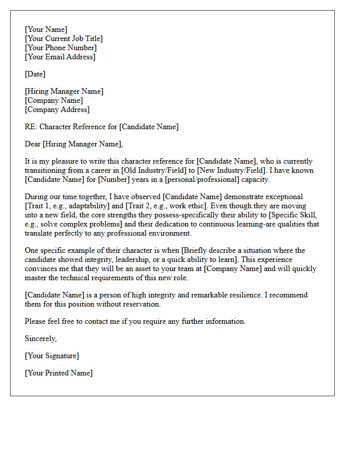 Career Transition Personal Character Reference Letter
