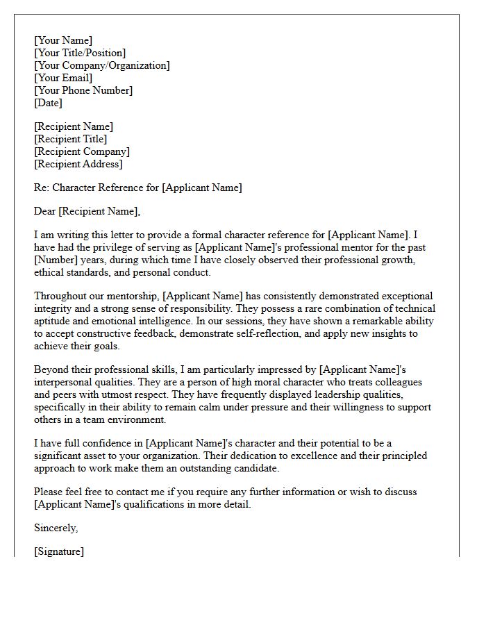 Professional Mentor Personal Character Reference Letter