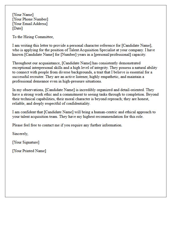 Talent Acquisition Specialist Personal Character Reference Letter