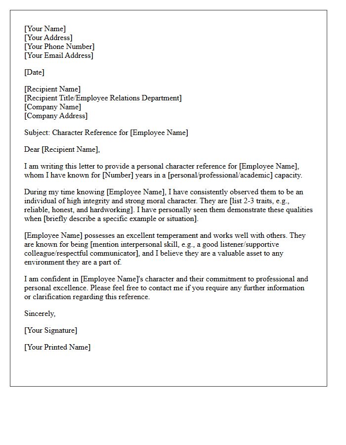 Employee Relations Personal Character Reference Letter