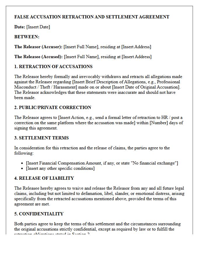 False Accusation Retraction and Settlement Agreement Letter