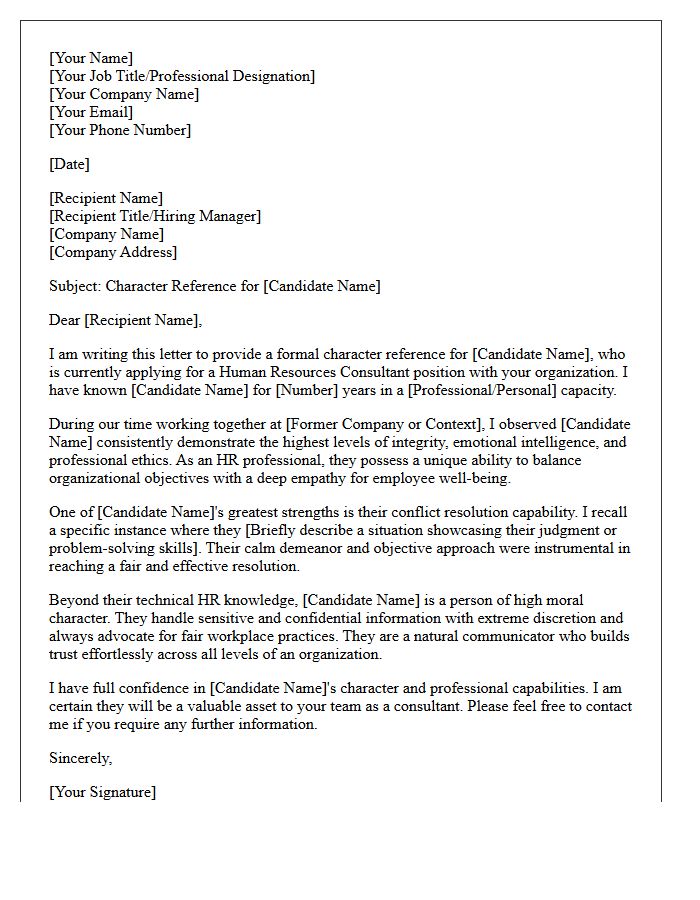 Human Resources Consultant Personal Character Reference Letter