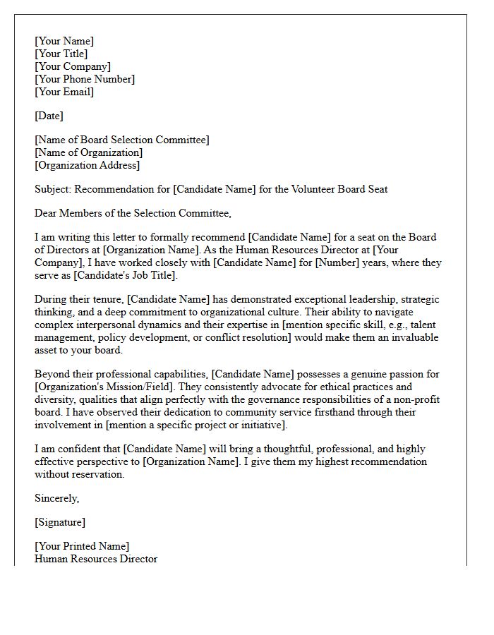 Human Resources Director Recommendation Letter for Volunteer Board Seat