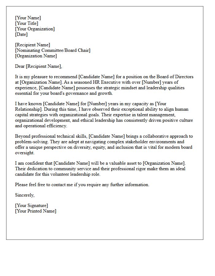Volunteer Board Position Recommendation Letter for HR Executive