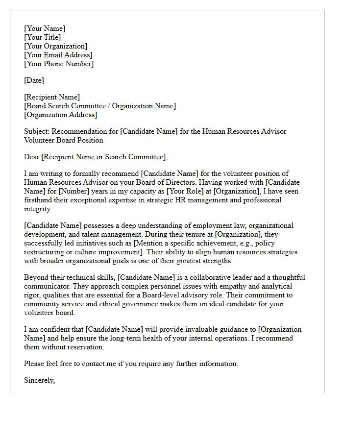Recommendation Letter for Human Resources Advisor Volunteer Board Role