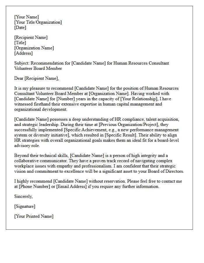 Human Resources Consultant Volunteer Board Member Recommendation Letter