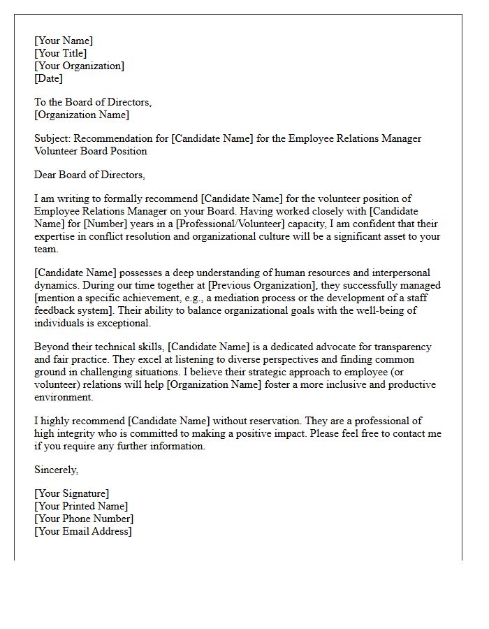 Employee Relations Manager Volunteer Board Position Recommendation Letter