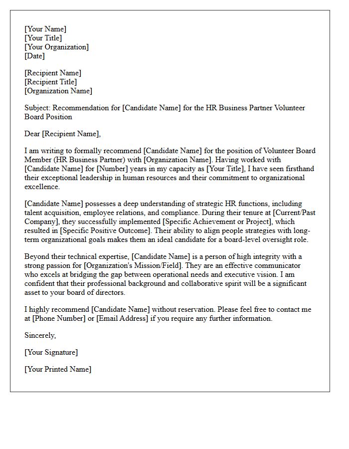 Volunteer Board Position Recommendation Letter for HR Business Partner