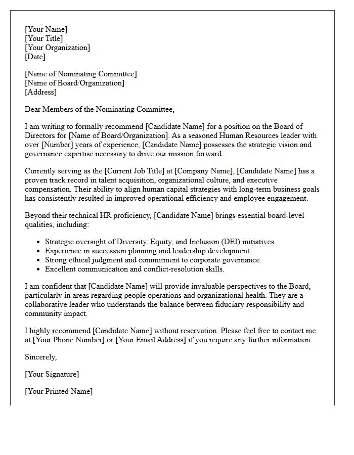 Corporate HR Leader Volunteer Board Nomination Recommendation Letter