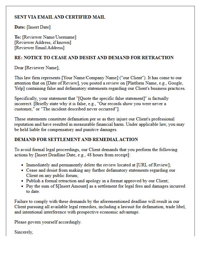 Online Review Defamation Retraction and Settlement Demand Letter