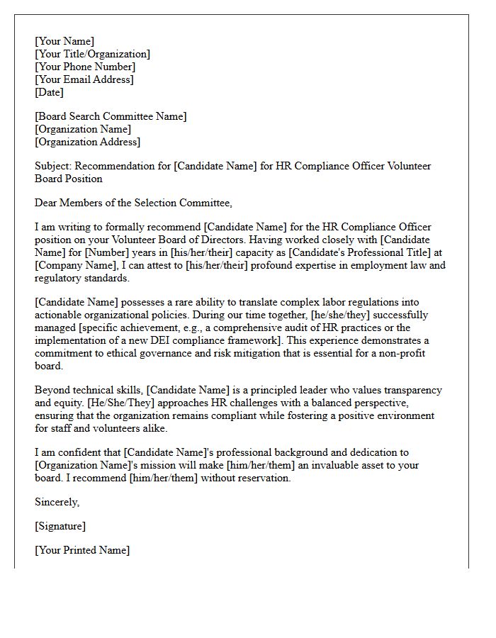 Recommendation Letter for HR Compliance Officer Volunteer Board Position
