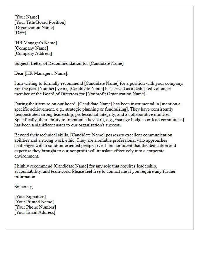 Nonprofit Board Volunteer Recommendation Letter for HR Manager