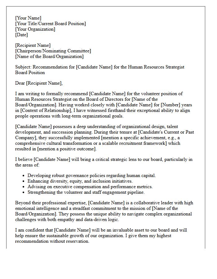 Human Resources Strategist Volunteer Board Position Recommendation Letter