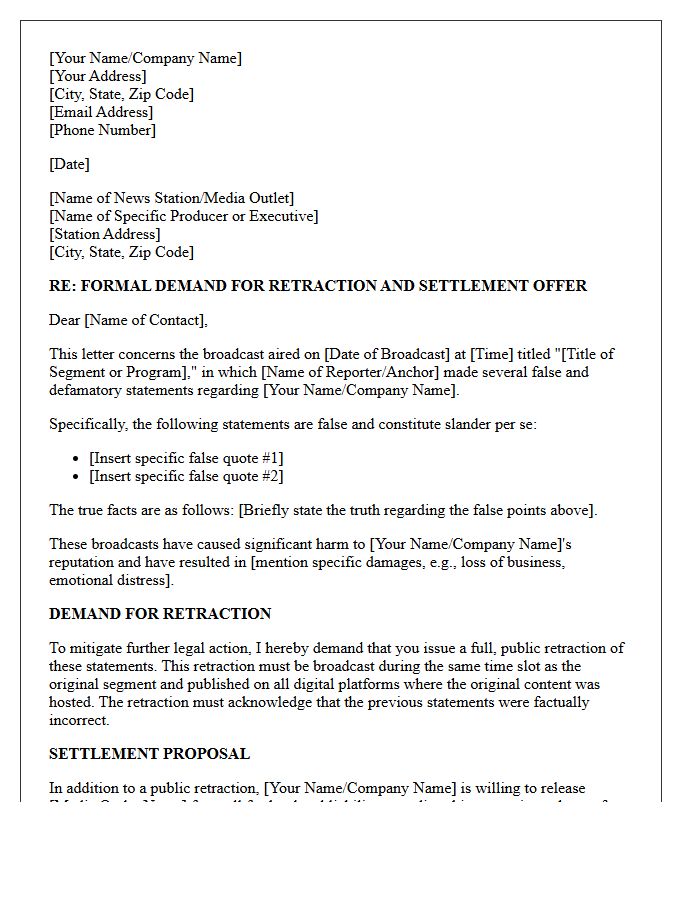 Media Broadcast Slander Retraction and Settlement Letter