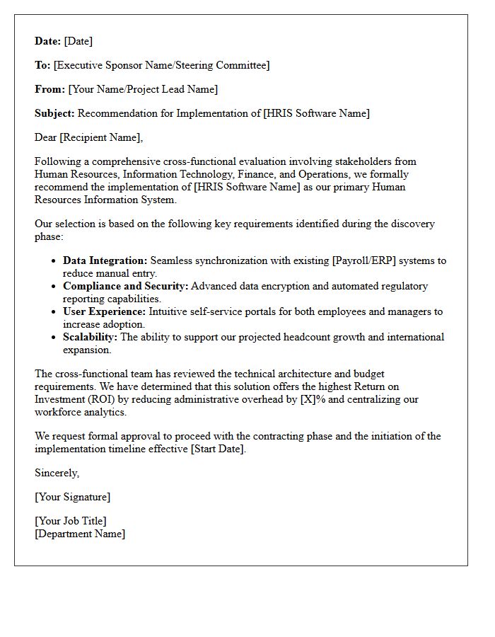 Human Resources Information System Implementation Cross-Functional Recommendation Letter