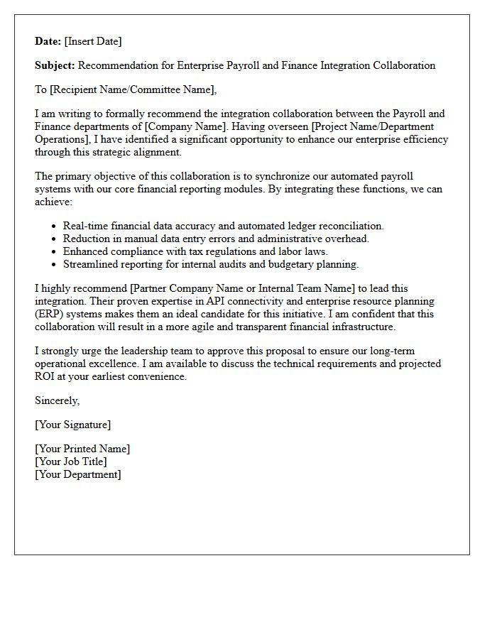 Enterprise Payroll And Finance Integration Collaboration Recommendation Letter