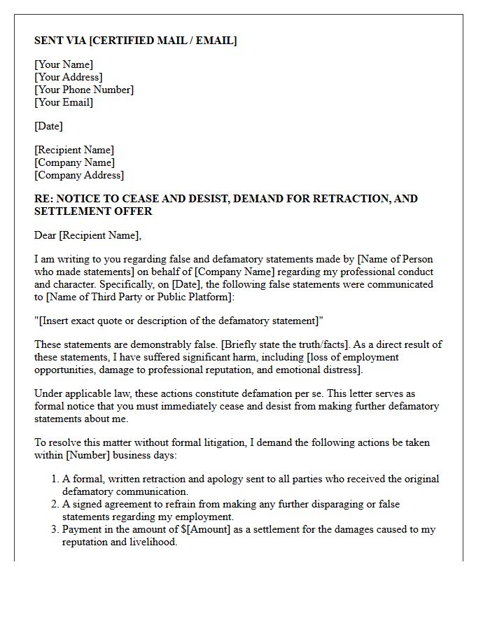 Former Employee Defamation Retraction and Settlement Demand Letter