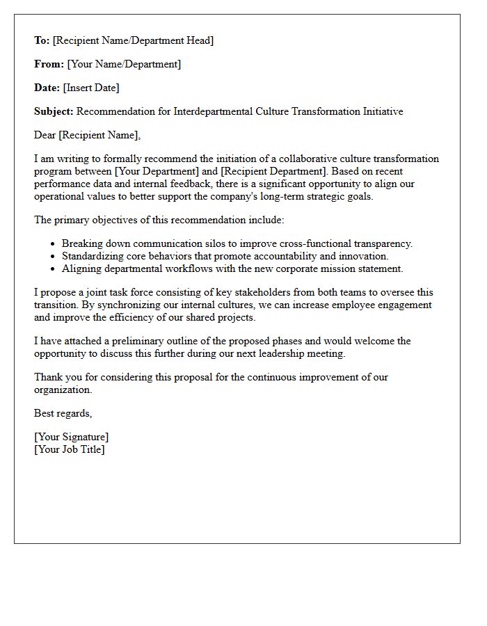 Corporate Culture Transformation Interdepartmental Recommendation Letter