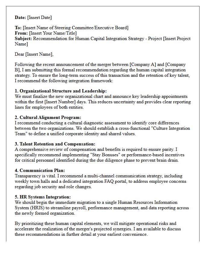 Mergers And Acquisitions Human Capital Integration Recommendation Letter