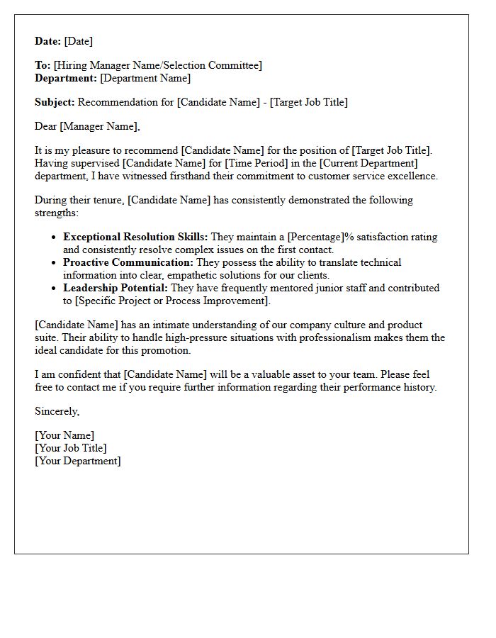 Internal Promotion Customer Service Excellence Recommendation Letter