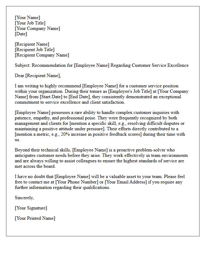External Employment Customer Service Excellence Recommendation Letter