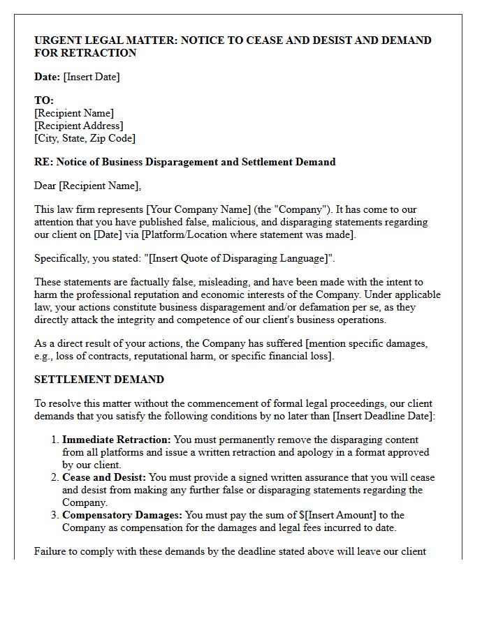 Business Disparagement Retraction and Settlement Demand Letter