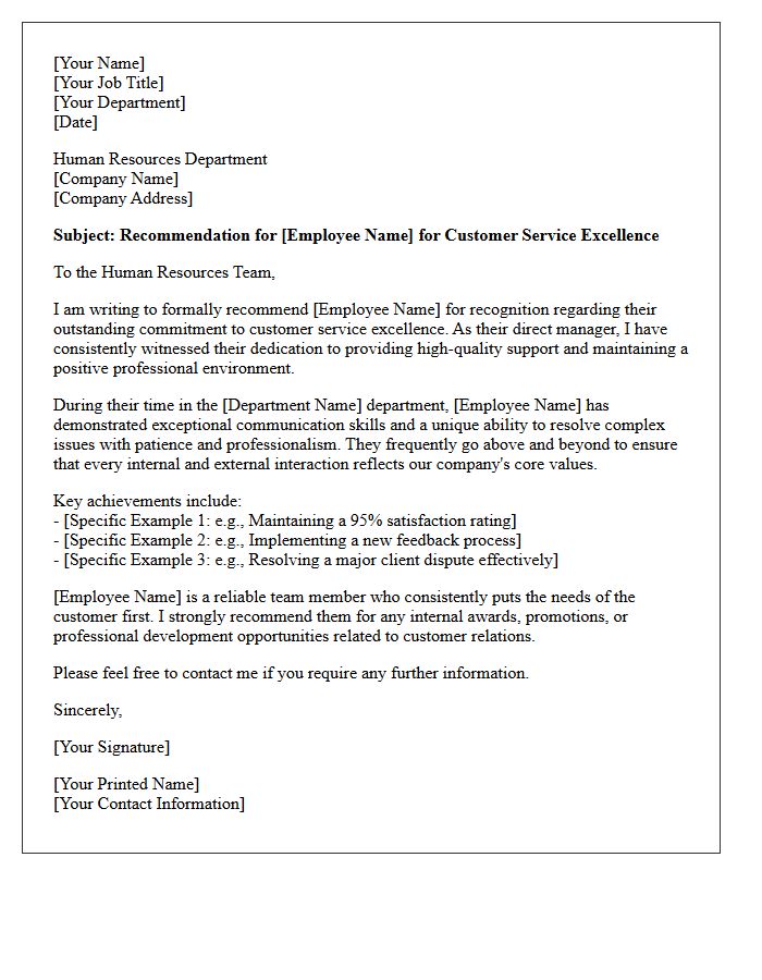 Manager To Human Resources Customer Service Excellence Recommendation Letter