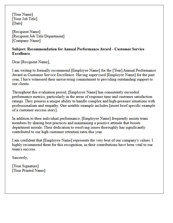 Annual Performance Customer Service Excellence Recommendation Letter