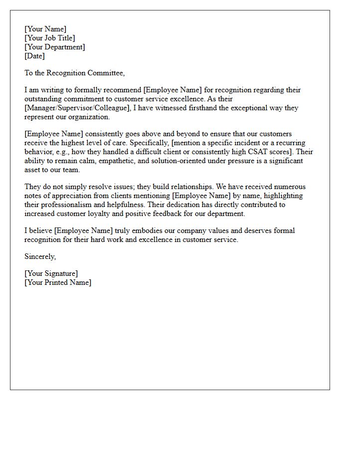 Employee Recognition Customer Service Excellence Recommendation Letter