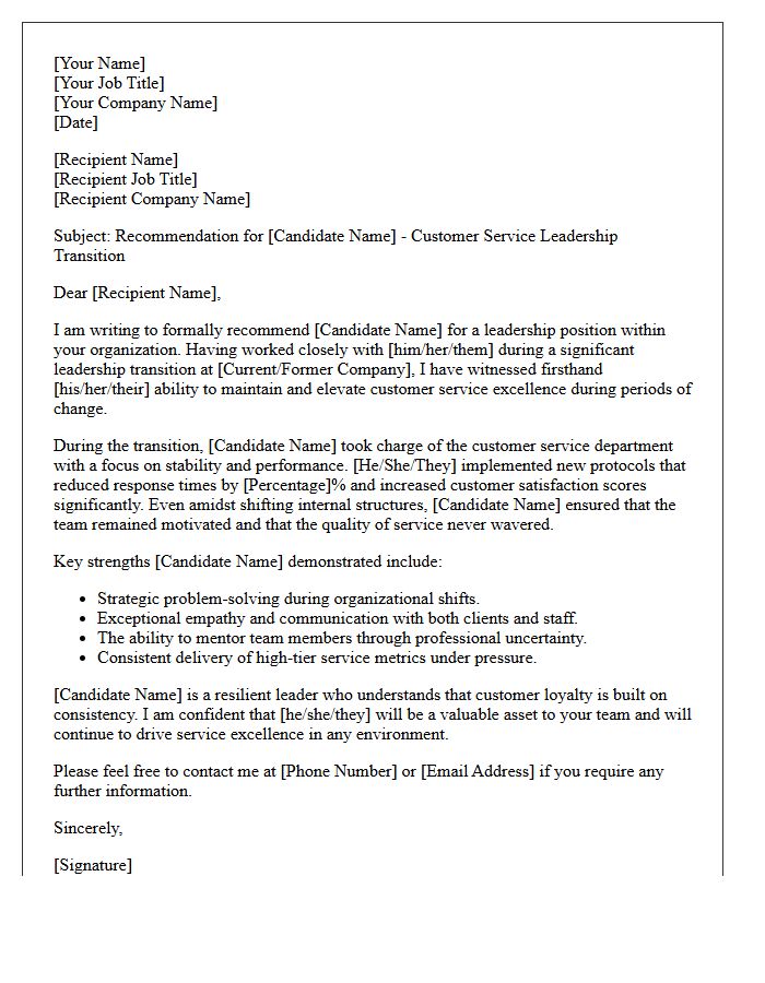 Leadership Transition Customer Service Excellence Recommendation Letter