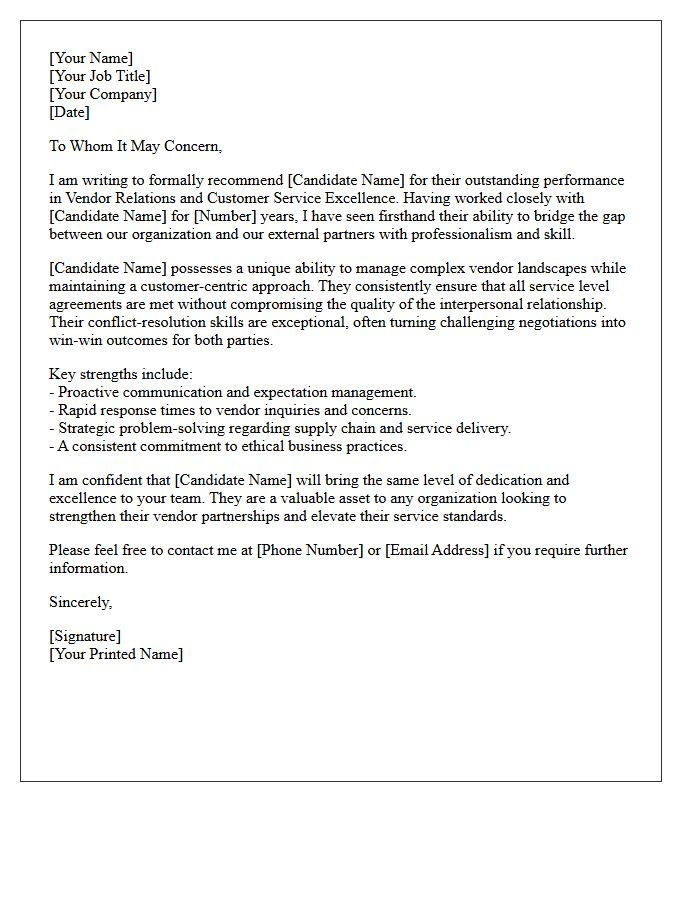 Vendor Relations Customer Service Excellence Recommendation Letter