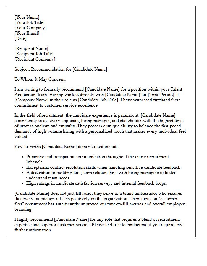 Talent Acquisition Customer Service Excellence Recommendation Letter