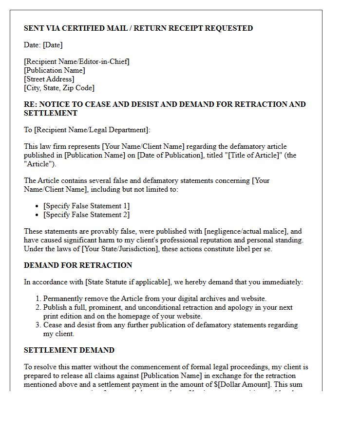 Print Publication Libel Retraction and Settlement Demand Letter
