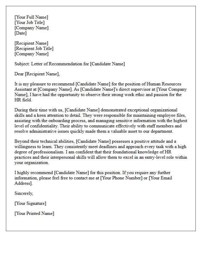 Recommendation Letter for Entry-Level Human Resources Assistant