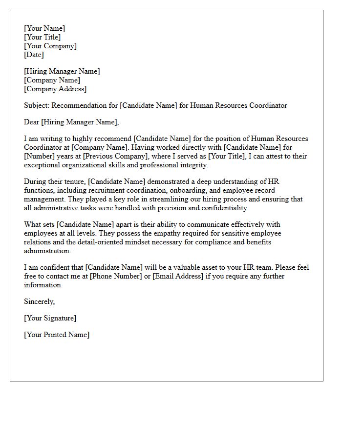 Human Resources Coordinator Candidate Recommendation Letter