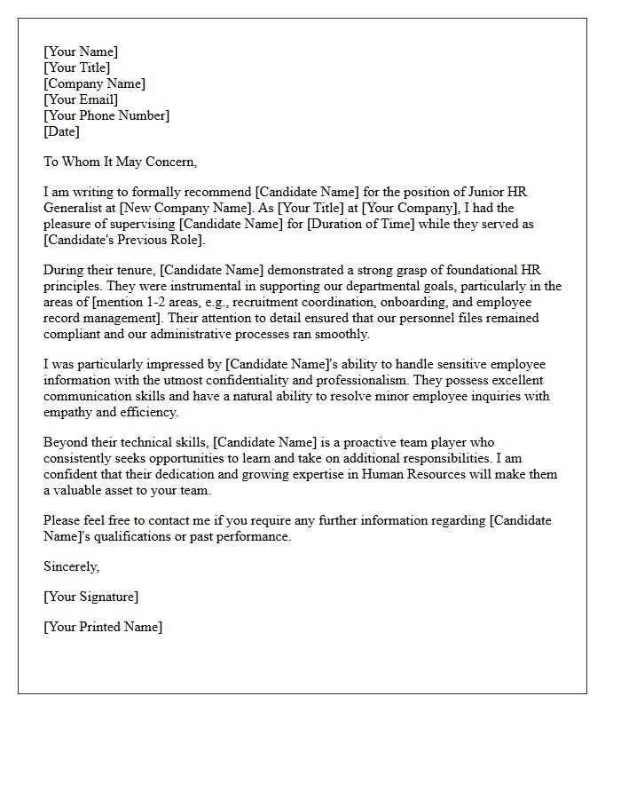 Letter of Recommendation for Junior HR Generalist Candidate