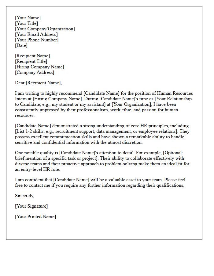 Human Resources Intern Candidate Recommendation Letter