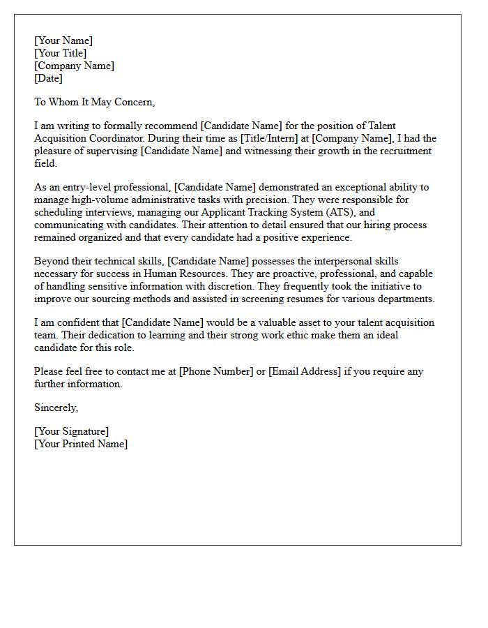 Entry-Level Talent Acquisition Coordinator Recommendation Letter