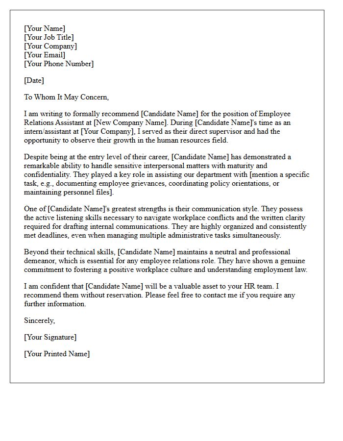 Letter of Reference for Entry-Level Employee Relations Assistant
