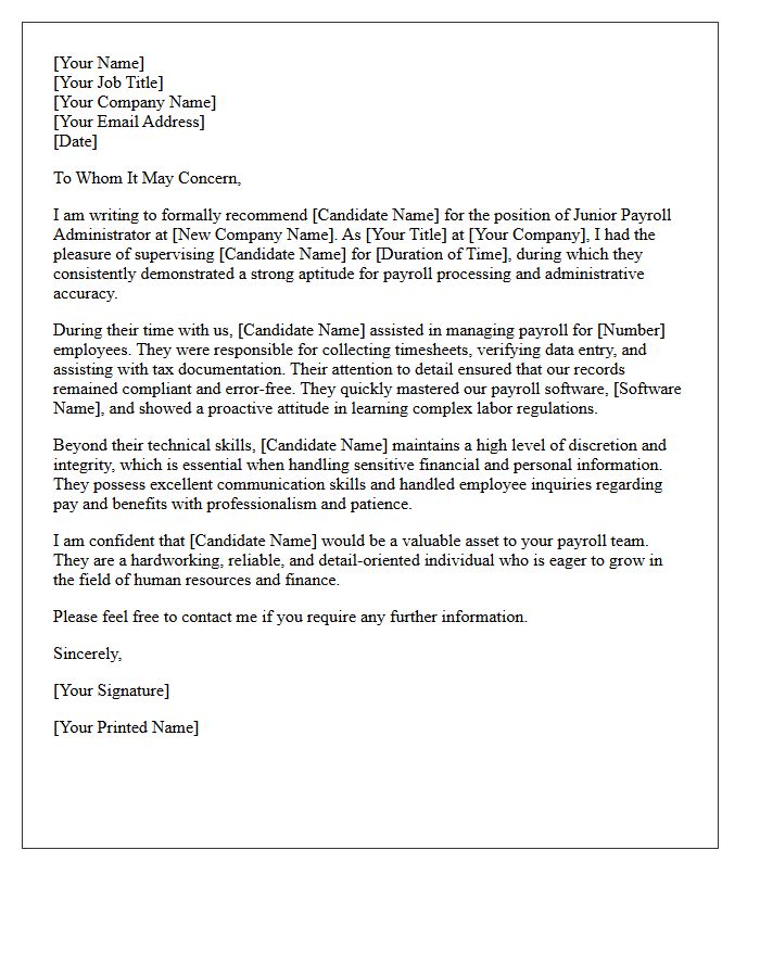 Recommendation Letter for Junior Payroll Administrator Candidate