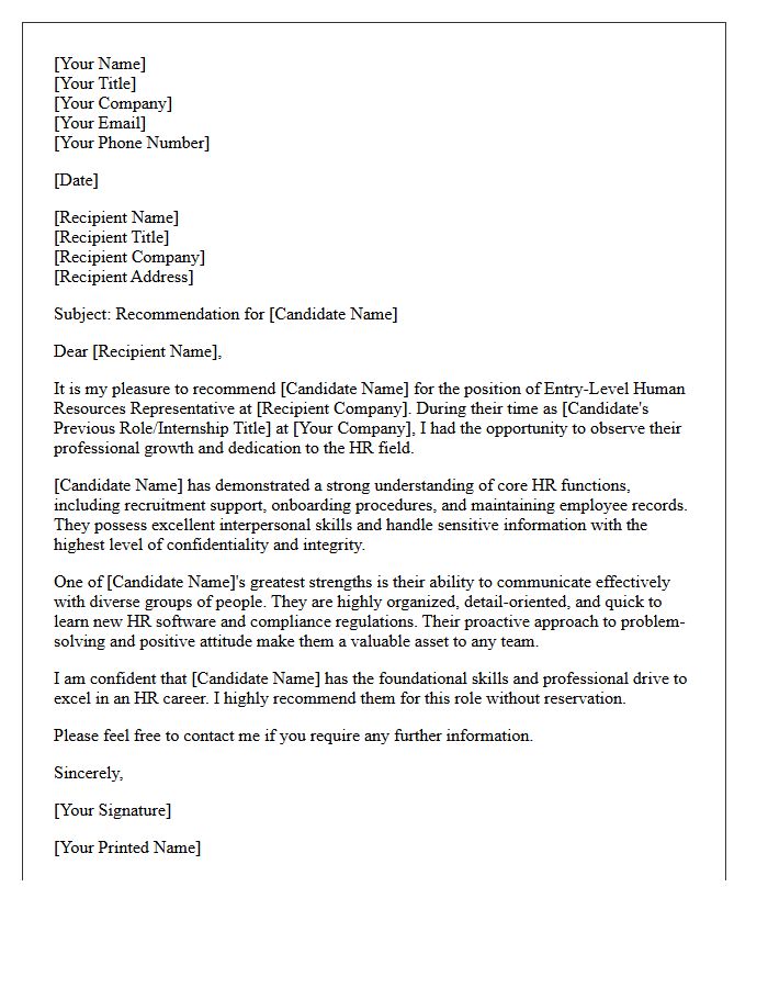 Entry-Level Human Resources Representative Recommendation Letter
