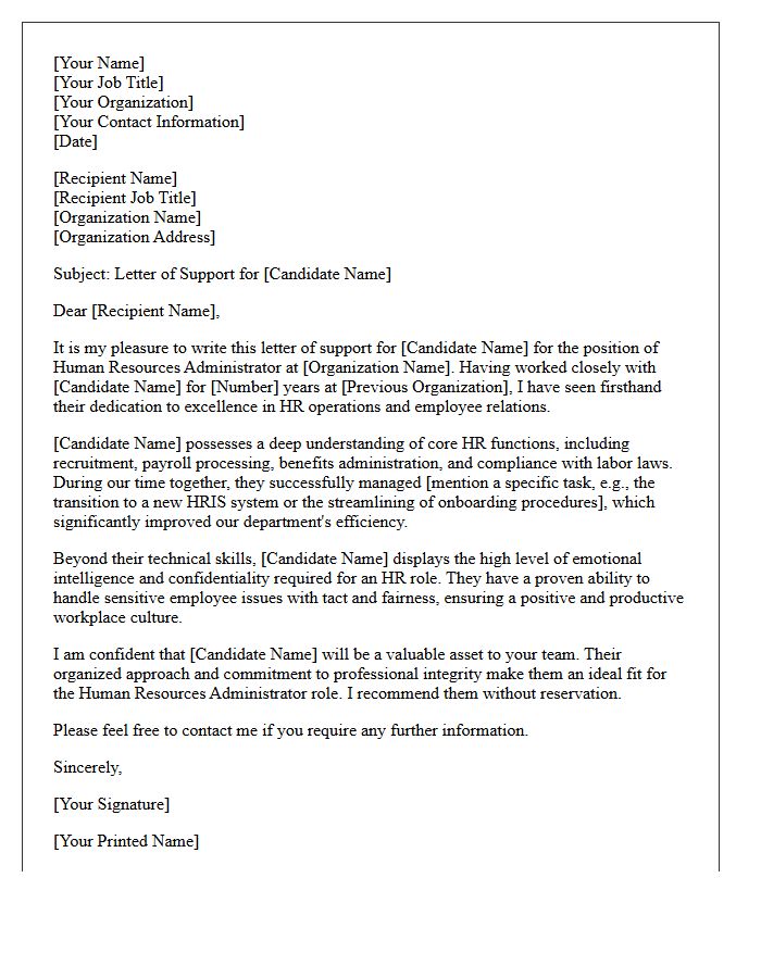 Letter of Support for Human Resources Administrator Candidate