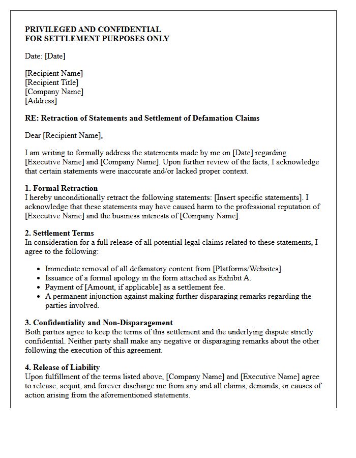 Executive Defamation Retraction and Confidential Settlement Letter