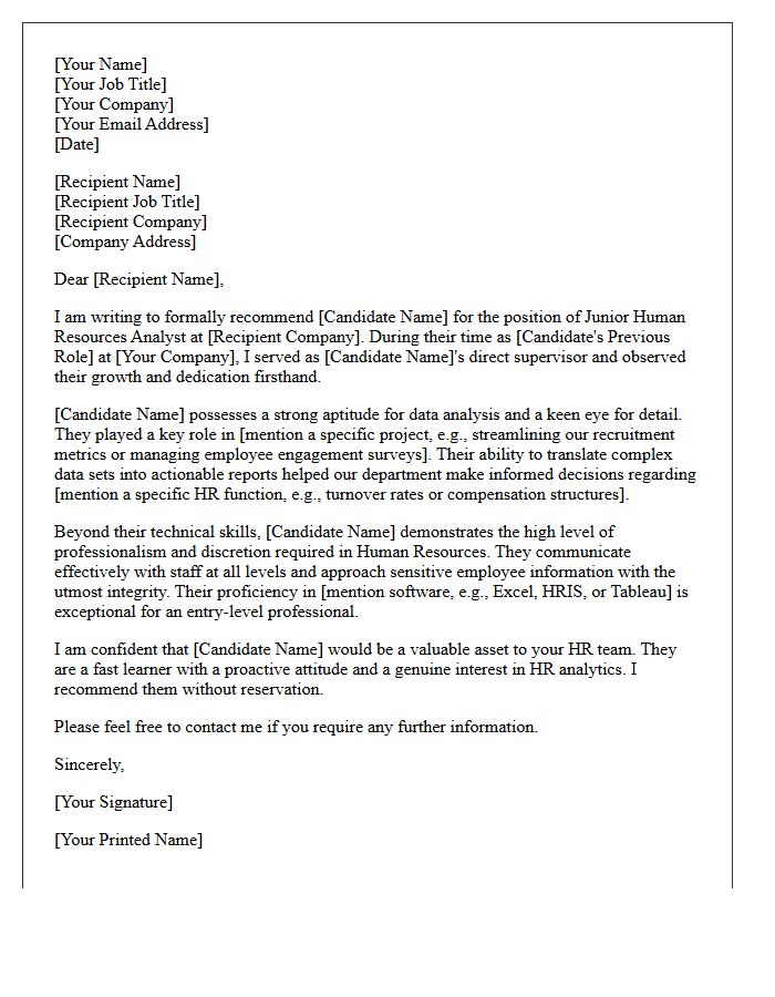 Recommendation Letter for Junior Human Resources Analyst Candidate